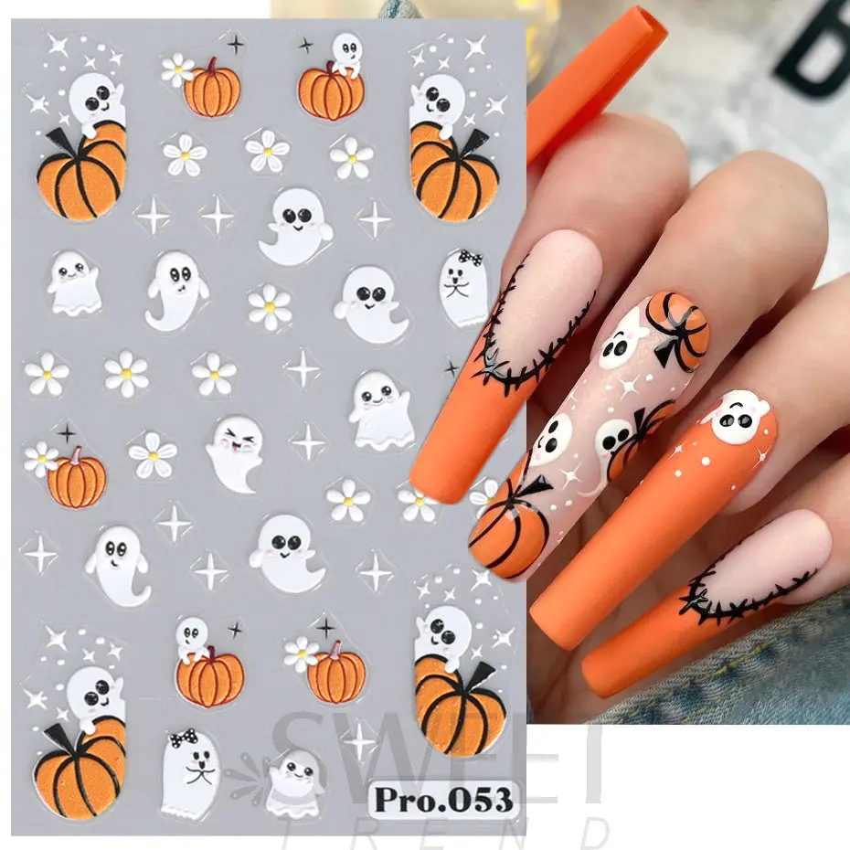 Halloween fantasma abóbora etiqueta do prego 5d em relevo estrela aranha web crânio rosa floral dos desenhos animados festival de inverno manicure decoração