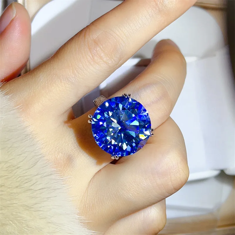 925 Silver 20CT Blue Moissanite Ring, Large Blue Gemstone Wedding Engagement Ring for Women, Luxury Bridal Jewelry with Micro-Pavé Side Stones, Valentine’s Day, Anniversary, Birthday, and Proposal Gift for Wedding Receptions and Everyday Formal Wear