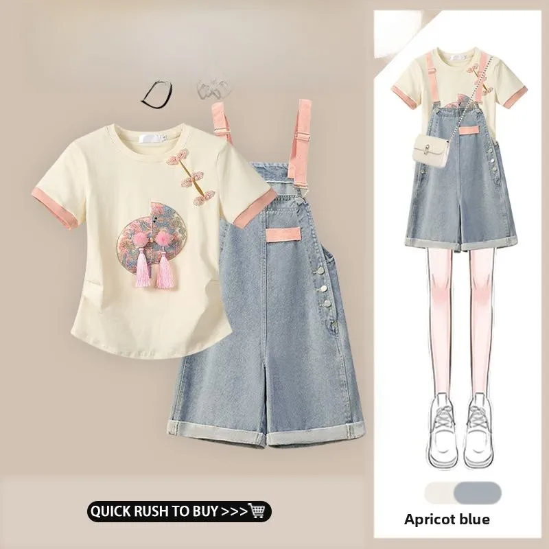 

Summer New Chinese Sle Embroidered Button Top Women's High Waist Slimming Denim Overalls Two-Piece Set Faionable Casual Wear