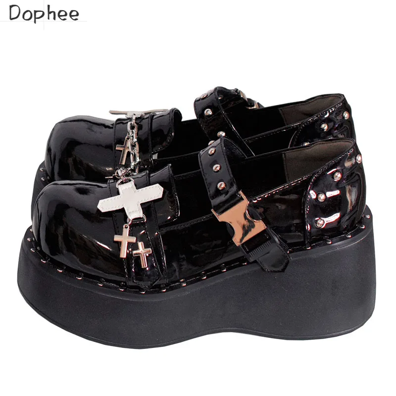 Dophee Original Punk Women Shoes Sweet Cool Thick Soled Shoes Gothic Hot Chick Cross Pendant Platform Lolita Leather Shoes