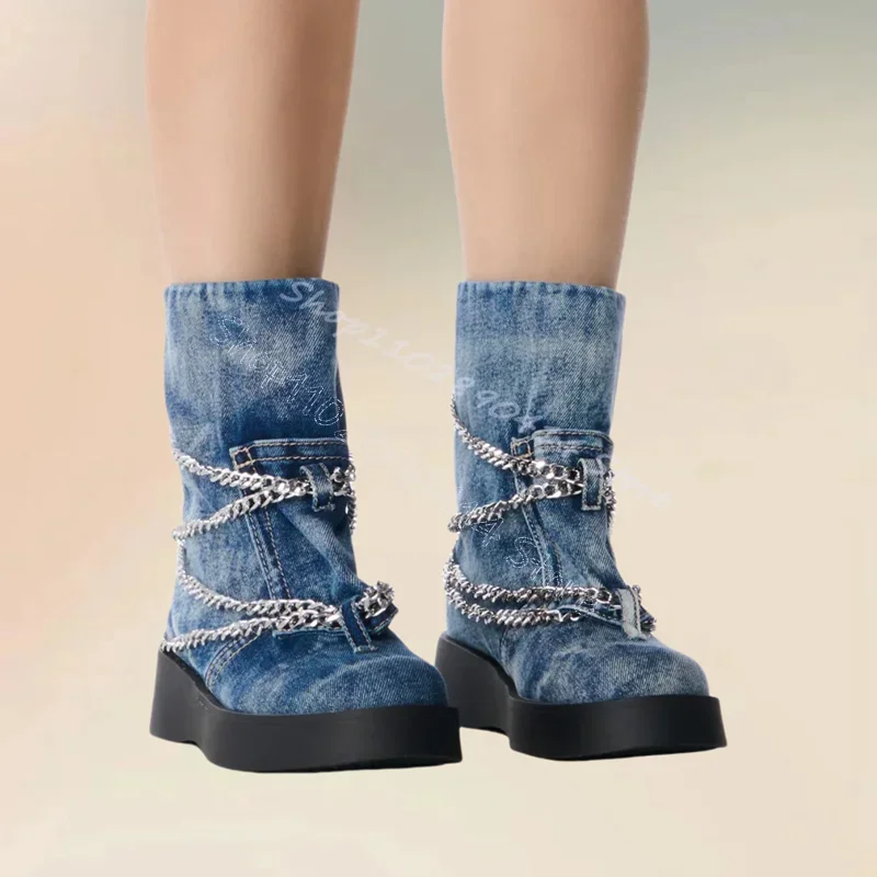 

Metal Chain Blue Denim Thick Bottom Boots Slip On Women Shoes High Top Novel Fashion Party Feast Dating 2024 Zapatos Para Mujere