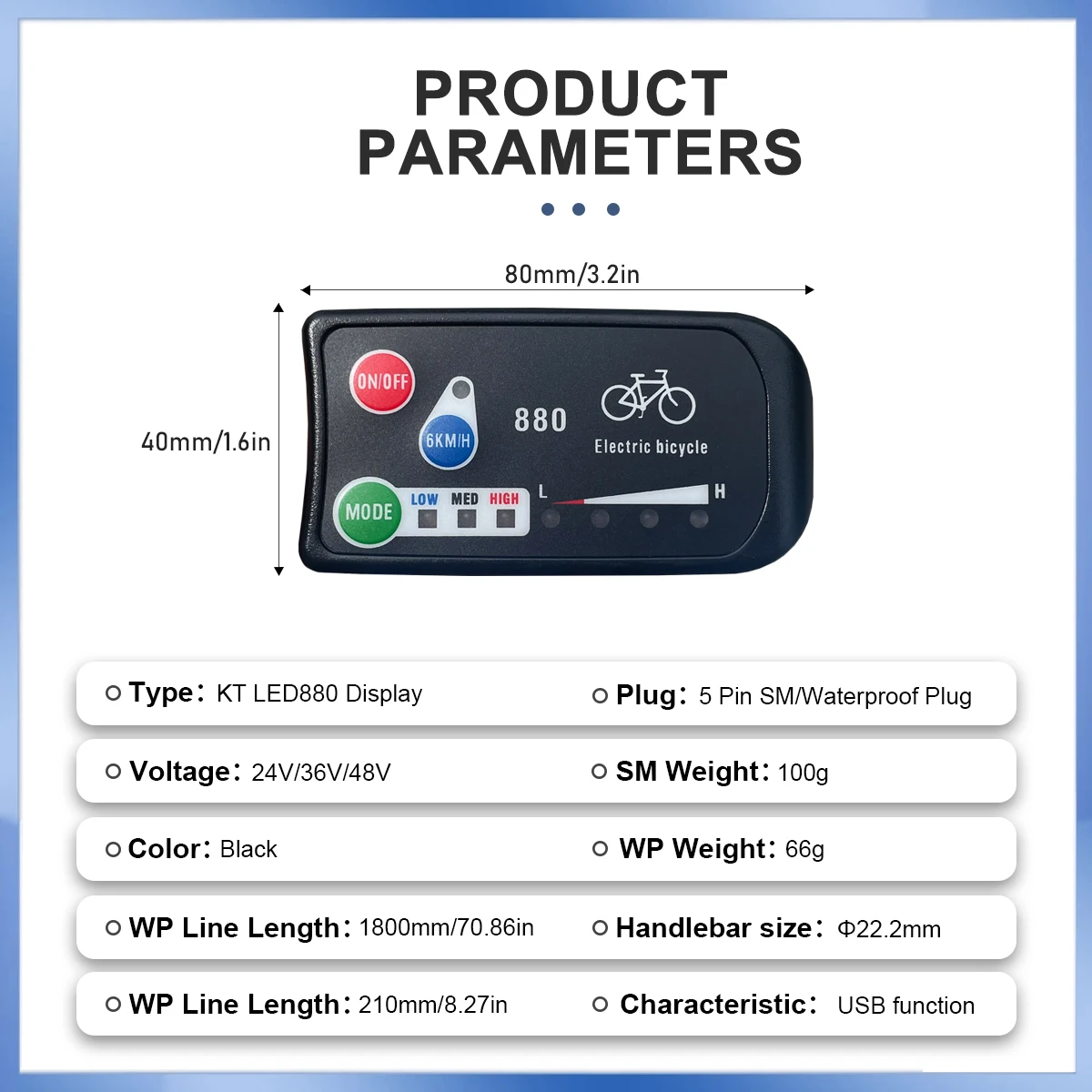 KT LED880 Electric Bicycle Display Holder Bracket SM Waterproof Plug 5Pin KT Protocol Compatible