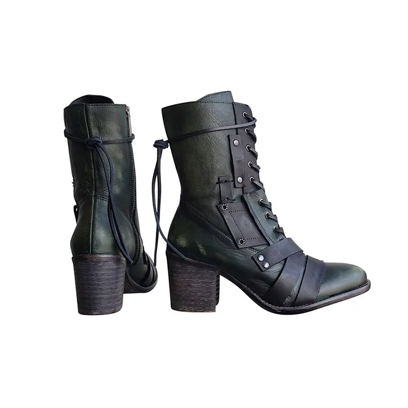 New Women Winter Outdoor Lace-up Ankle Boots Ladies Square Heel PU Boot Plus Size 35-43 Casual Booties Woman Zapatos Mujer