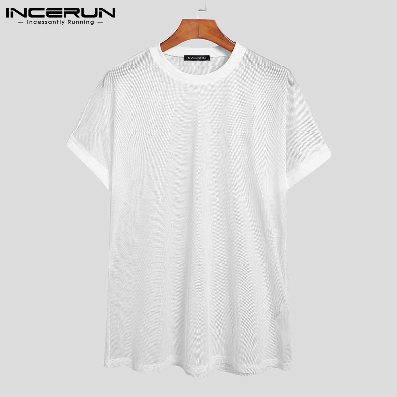 Incerun-メンズ半袖ラウンドネック透明メッシュTシャツ、セクシーなTシャツ、通気性のあるパーティーウェア、ストリートウェア、休暇、2024