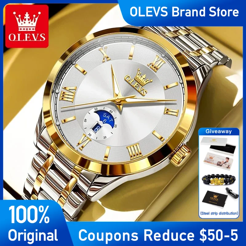 

OLEVS 3638 Mens Watch Original Business Luxury Men's quartz wristwatch Stainless Steel Waterproof Luminous Large Dial Date Watch
