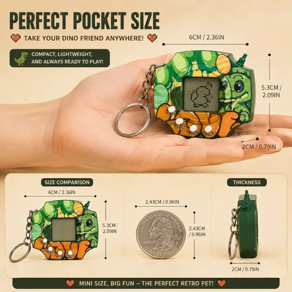 Min Electronic Pet Game Console Pixel Display Nostalgic Design Dinosaur Pet Keychain Decompression Feature Pixel Retro Game Toy