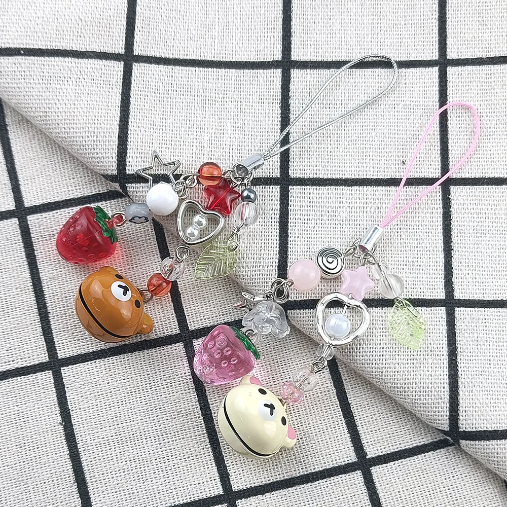 Cute Bell Bear Pendant Matching Phone Keychains Handmade Rilakkuma Strawberry Beaded Accessories Couple Gifts