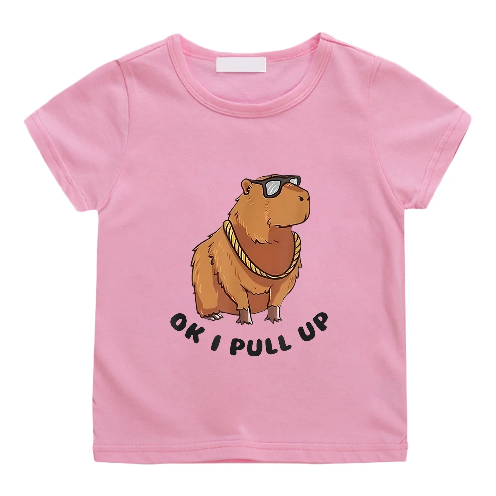 OK I PULL UP Capybara Cartoon Tee-shirt 100% Cotton Boys and Girls Summer Tshirts Kawaii Graphic Printing Soft T-shirt Children