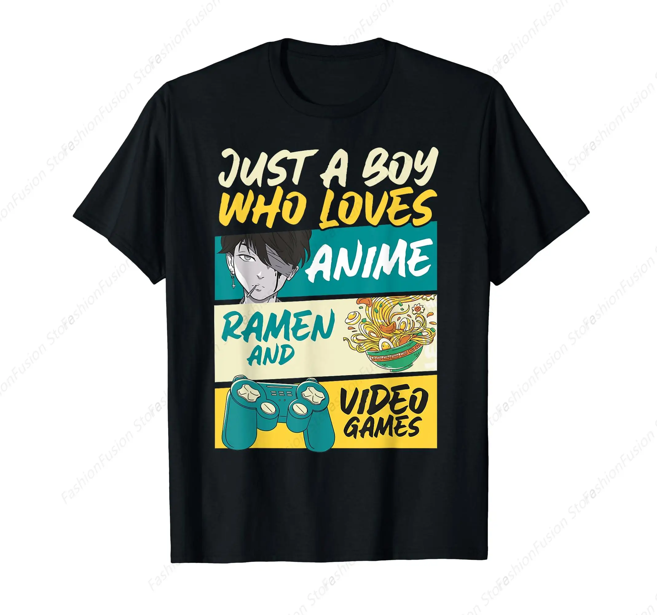 Just A Boy Who Loves Anime Ramen and Video Games, Gaming T-Shirt Funny Graphic Tshirt Cotton O-Neck Short Sleeves for Casual GYM