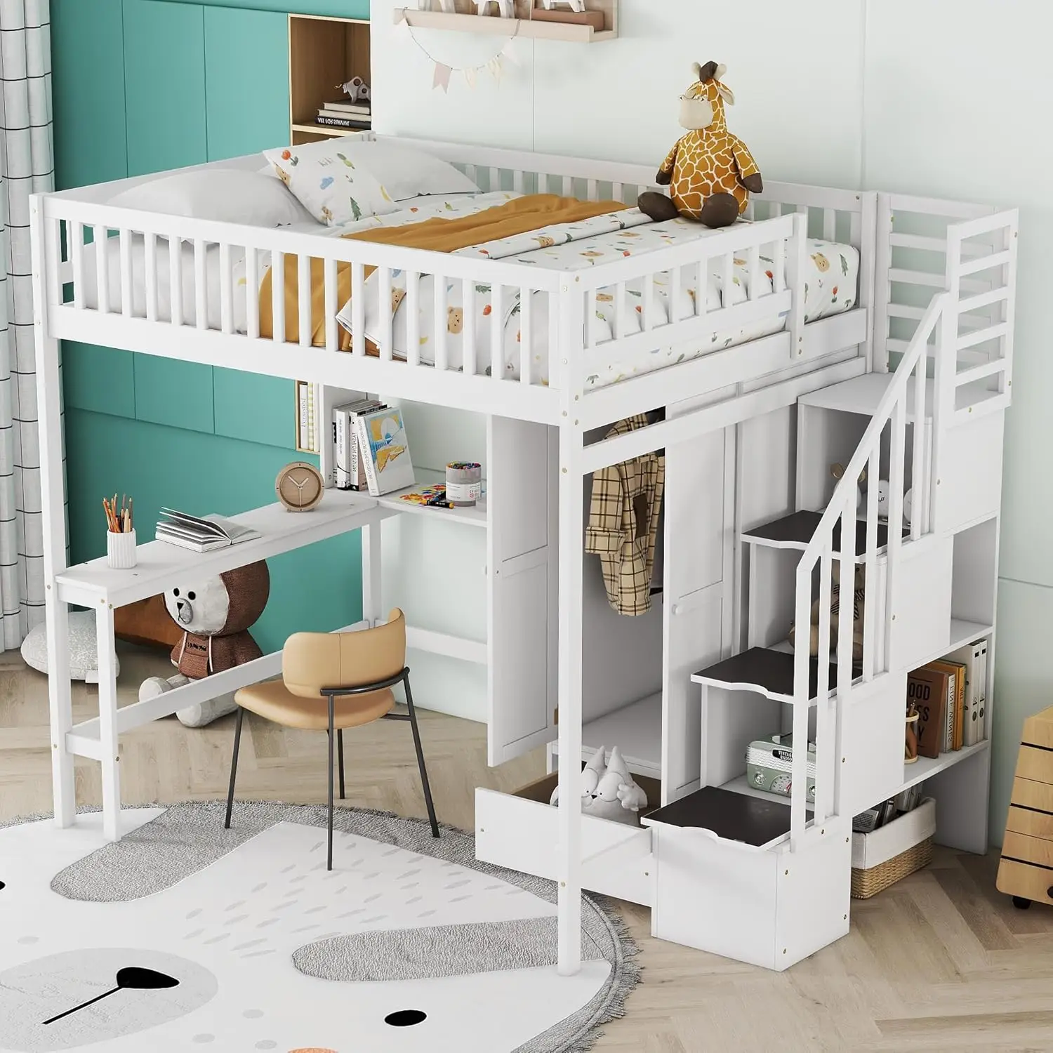 

Harper & Bright Designs Full Size Loft Bed with Desk, Wood Loft Bed Frame with Wardrobe, Bookshelf and Drawers, White