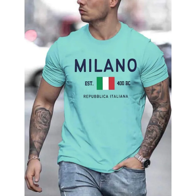 Milano Print Men T-shirt Crew Neck Fashionable Short Sleeve Sport T-shirt Comfortable for Summer Athletic Style Comfort T-Shirt