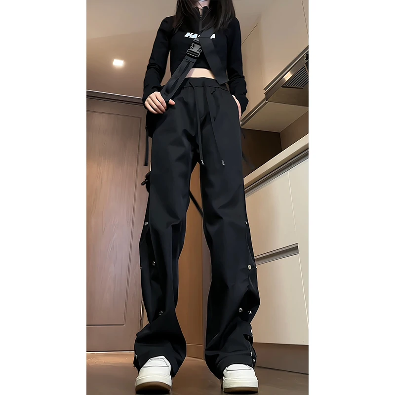 

Американские рабочие брюки в стиле High Street: мужские брюки-ветровки на пуговицах, женские свободные прямые повседневные длинные брюки