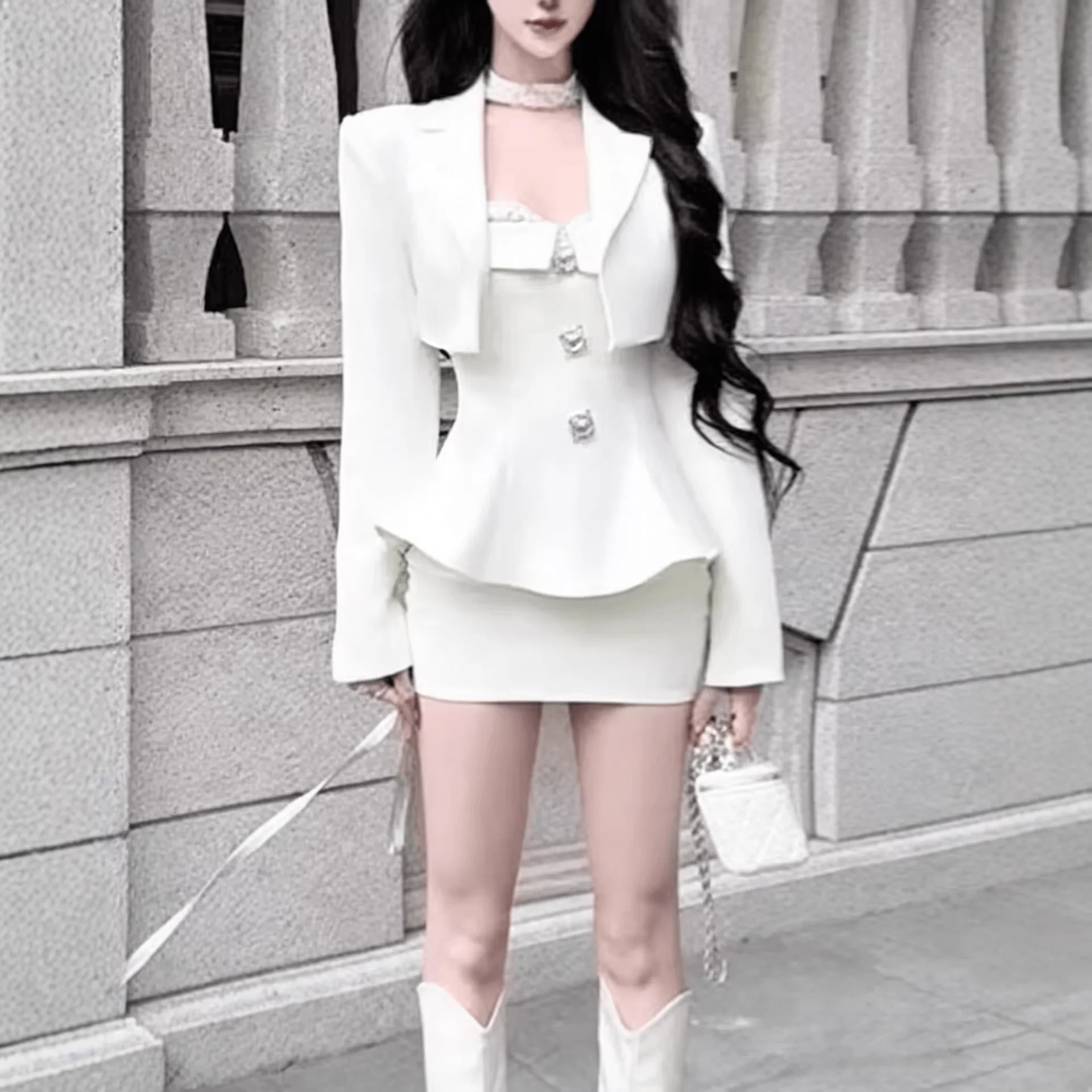 

2026 New Style Small Fragrance Style Camisole Slim Fit Top Suit Jacket Women High Waist Short Skirt Three Piece Set