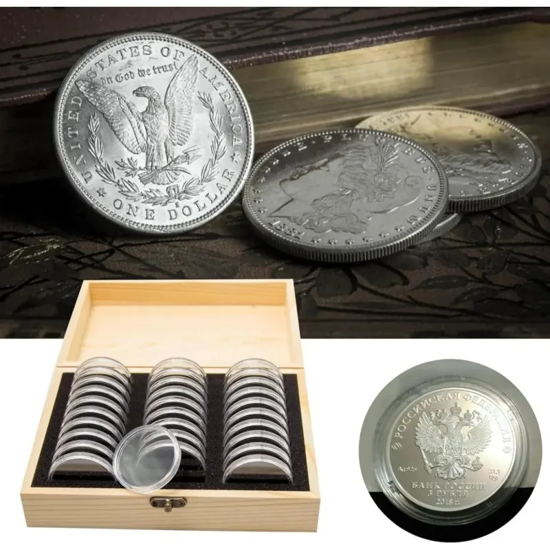 Adjustable Gasket Wooden Coin Storage Case 30/50/100Pcs Fit 18/21/25/27/30Mm Coins Collecting Holder for Coin Enthusiasts