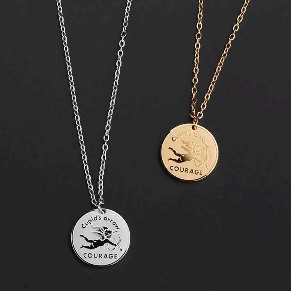 Angel Cupid Pendant Necklace Stainless Steel 18K Gold Plated Guardian Wing Bow Arrow Adjustable Chain Valentine's Day Jewelry