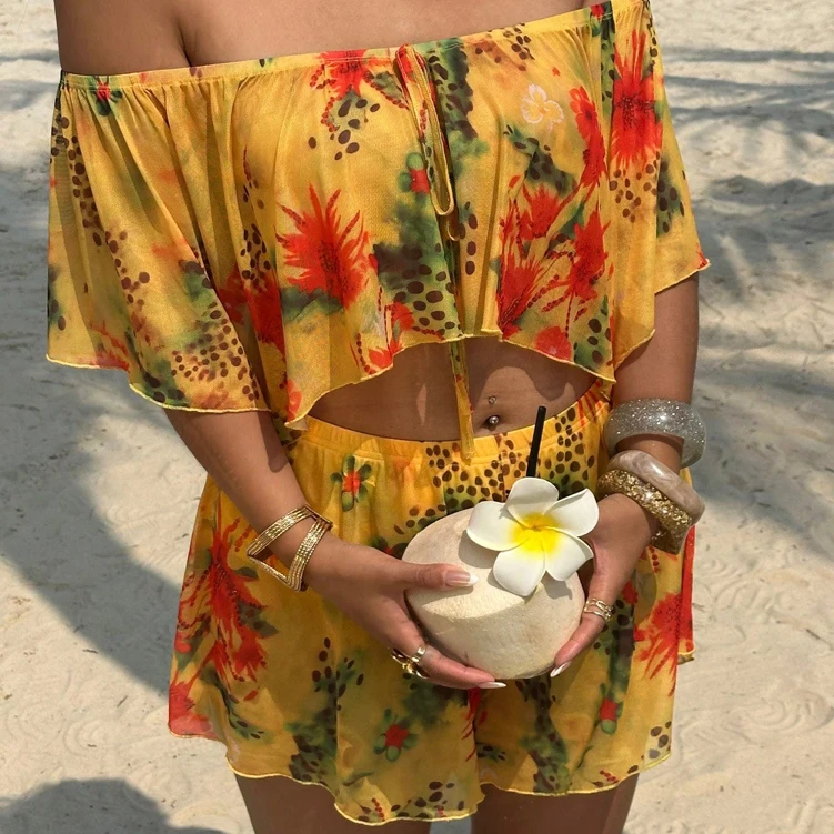 Plus Size Women Boho 2 Piece Outfits Off Shoulder Crop Top Shorts Set Summer Floral Polka Dot Print Ruffle Sleeve Casual Beach P
