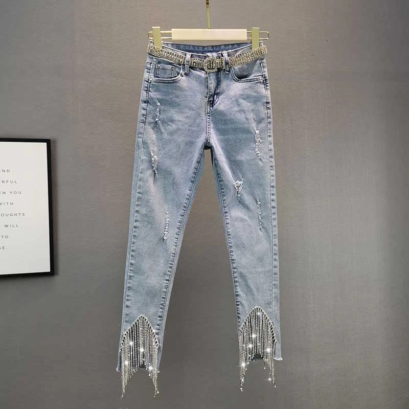 

Spring Hot Rhinestone Fringed Pencil Pants Stretch Slim High Waist Light Blue Ripped Jeans Women Denim Pants Female Trouses 2023