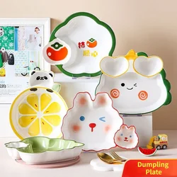 Under-glaze Color Ceramic Three Points Dumpling Plate with Dipping Saucer Multi-lattice Children Separator Plate Household Bowl