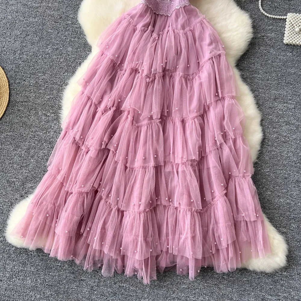 فستان نسائي فرنسي مزين بالدانتيل بأكمام قصيرة ، فساتين حلوة مطرزة ، خصر صيفي #4