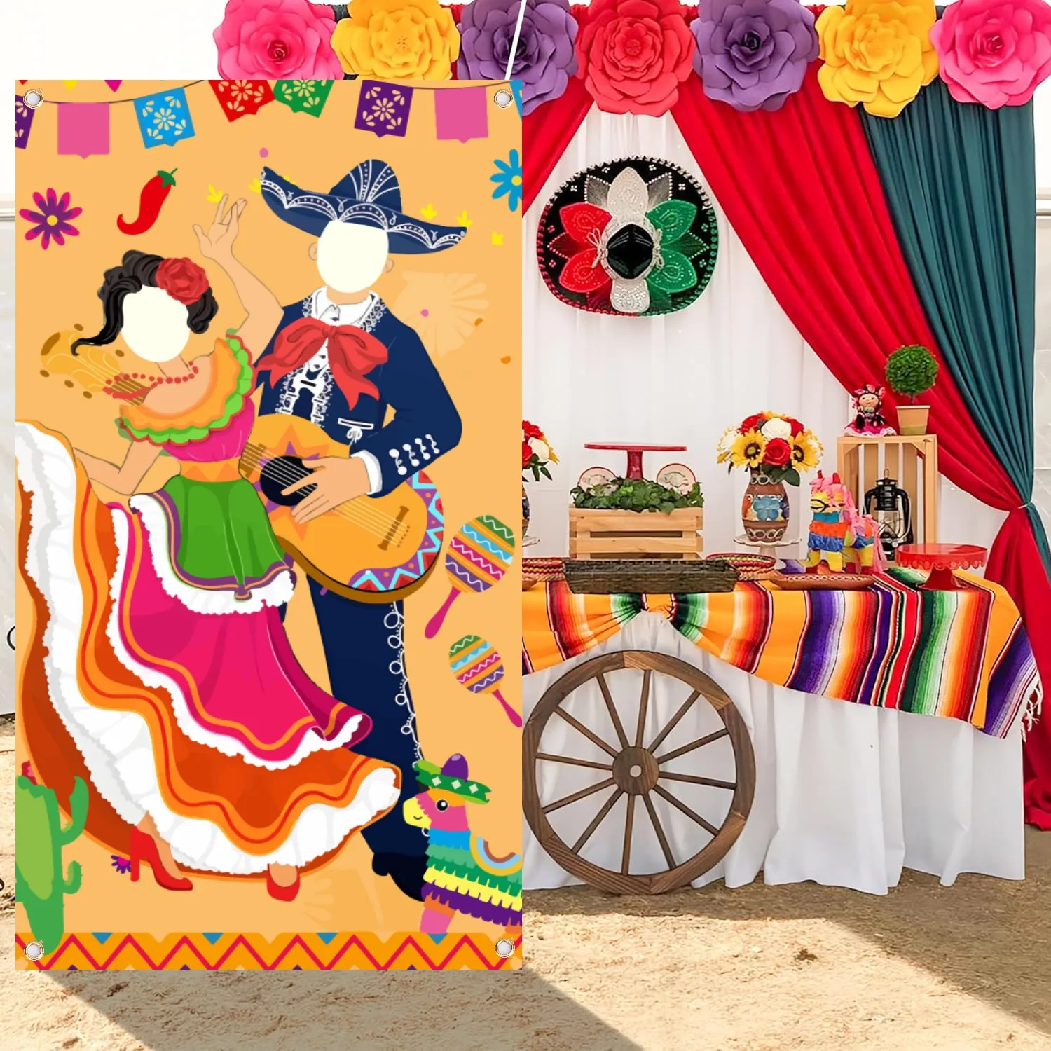 1 Pc Cinco de Mayo Fiesta Couple Photo Door Banner for Party Supplies, Mexican Photography Backdrop Decoration, Mexican Theme