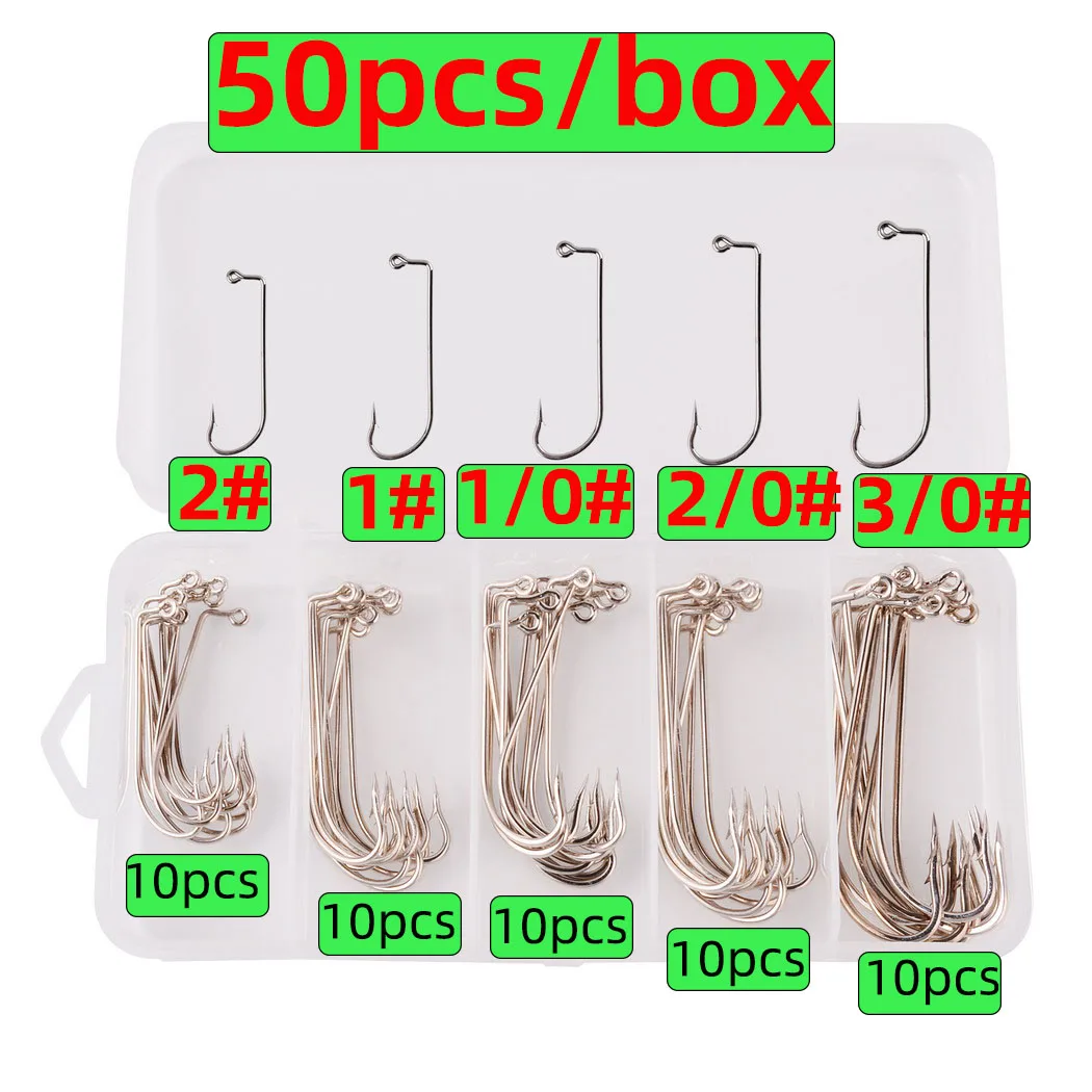 50pcs/box Set 90 Degree Long Shank Forged Duratin Jig Hook Round Bend High Carbon Steel Barbarian Hooks Saltwater Fishing Kit
