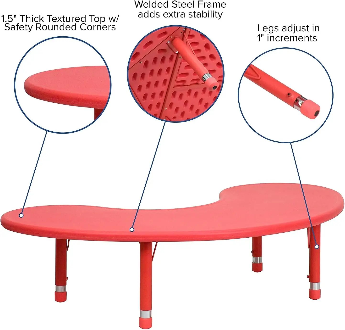Стол для дошкольных занятий с регулируемой высотой в форме полумесяца для школы/дома, пластиковый стол для занятий в классе для детей, 35 дюймов Ш x 65 дюймов,