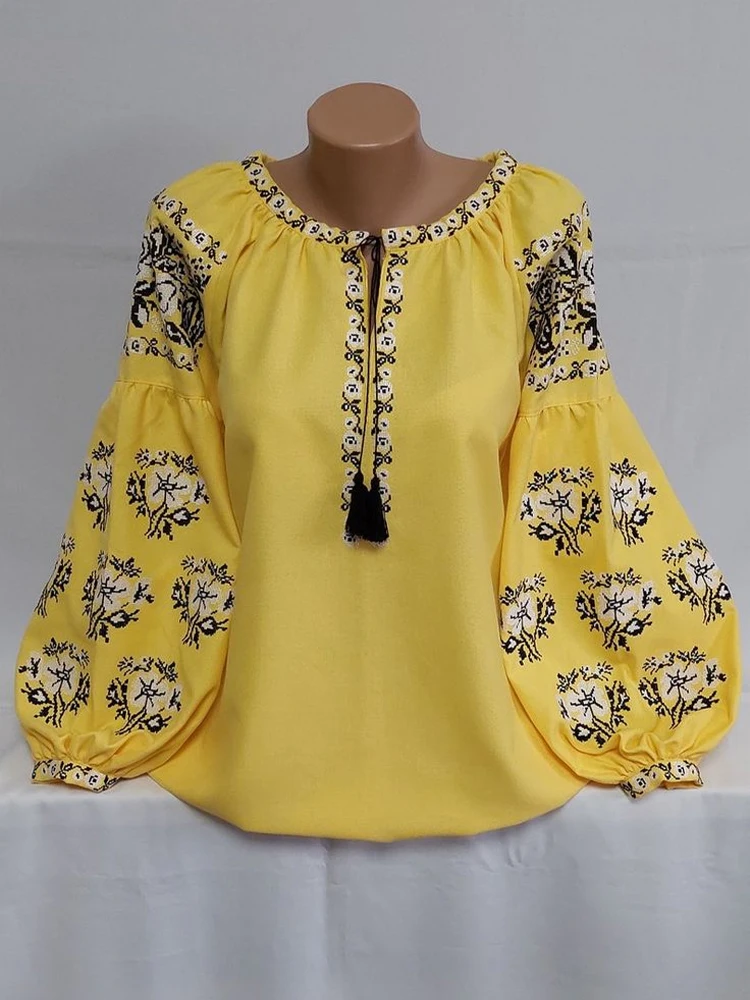 

Bohemian Retro Ethnic Style Print Shirts Women Y2k Lace Up O-neck Tassel Blusas Mujer 2025 Spring Long Sleeve Loose Blouses