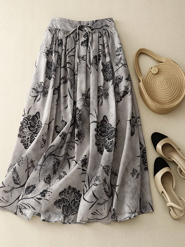 

Artistic Loose Printed A-Line Midi Skirt High Waist Commuter Sle f Body Skirt Faionable Summer New Arrival