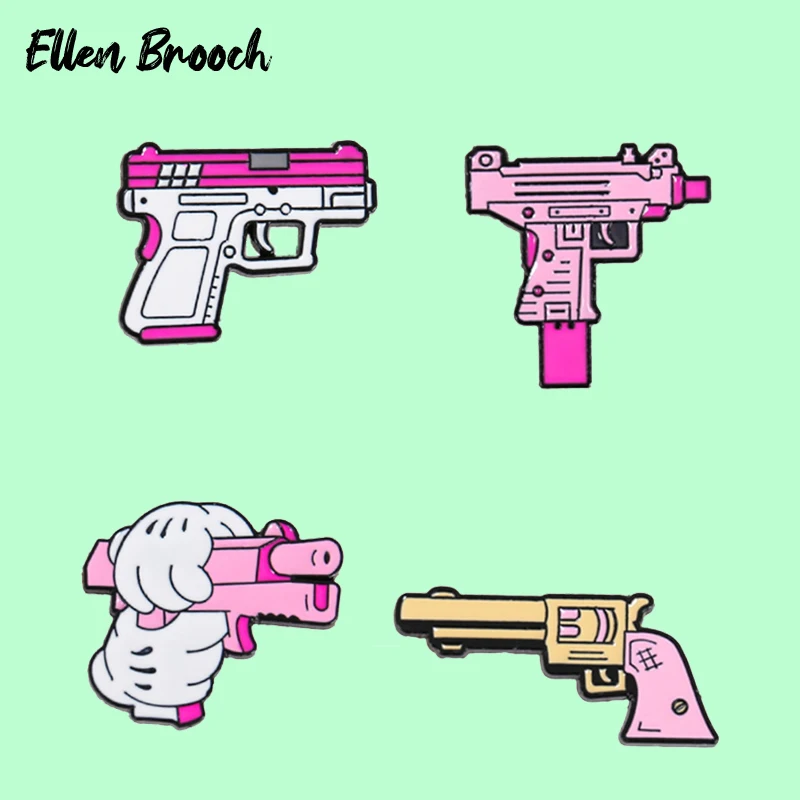 Pink Gun Enamel Pins Revolver Pistol Ruger Weapon Brooch Lapel Badges Jewelry Gift for Friends Kids