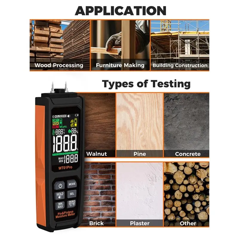 ABRU-For Lumber Concrete 2IN1 Moisture Meter Pinless& Pin 0-99.9% Humidity Tester Timber Damp Detector Detection