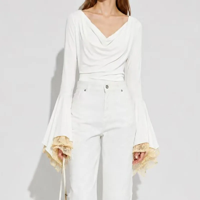 Draped collar lace trumpet sleeve one-piece dress - Women's stretch-fitting long-sleeved inner layer one-piece top