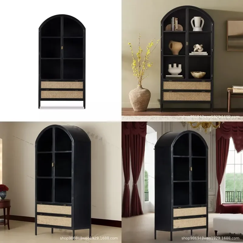 French Medieval Solid Wood Bookcase with Black Glass Door Retro Wine Cabinet Luxury Display Storage for Home