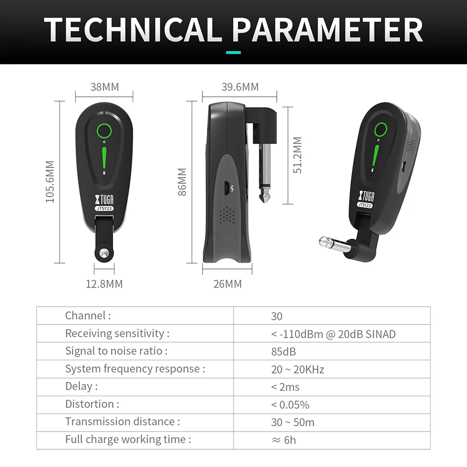 XTUGA JTSY23-transmisor de guitarra inalámbrico, RECEPTOR UHF, sistema de transmisión inalámbrica para guitarra, 30 canales opcionales, recargable