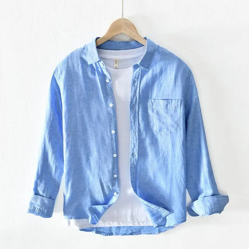 

Мужской хлопок и лен Long Sve irt Casual Sle ket Detail Тонкий материал без железа Повседневная одежда Молодежный подходит чистый цвет