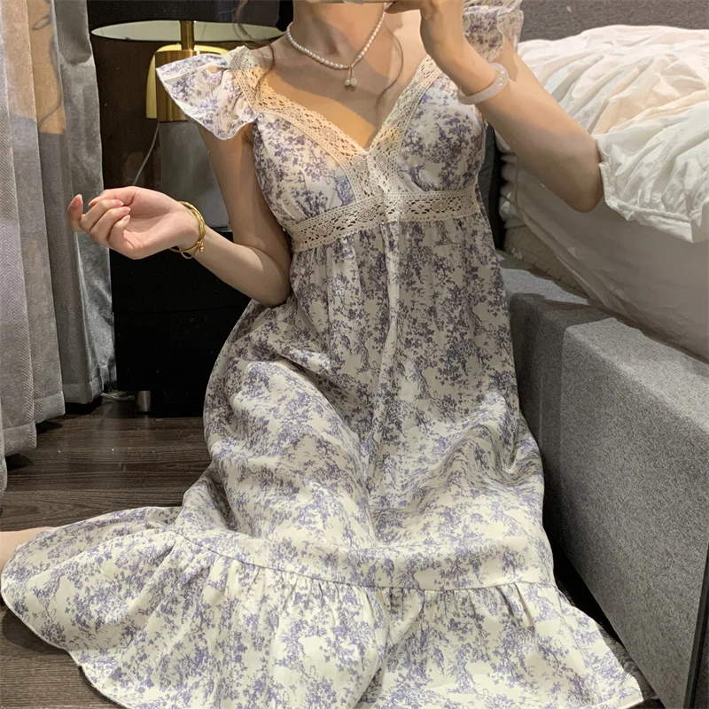 Summer Sleep Dress Women's Lace Trim V-neck Mid-length Strap Home Dress with Chest Pad Floral Print Casual Comfortable Nightgown