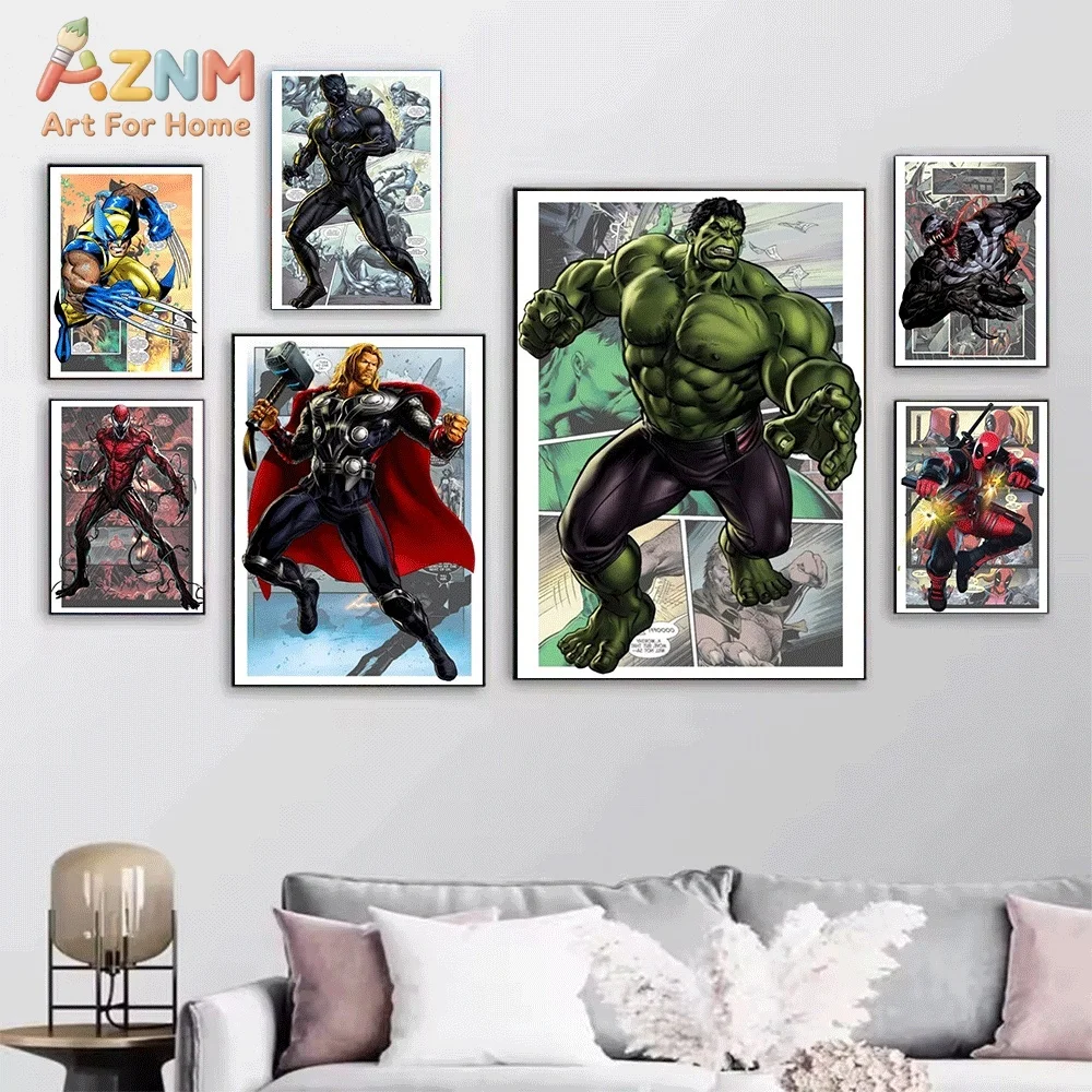 Vintage Avengers Comic Canvas Wall Art Captain America Iron Man Hulk Venom Superhero Print Poster, Frameless Wall Picture for