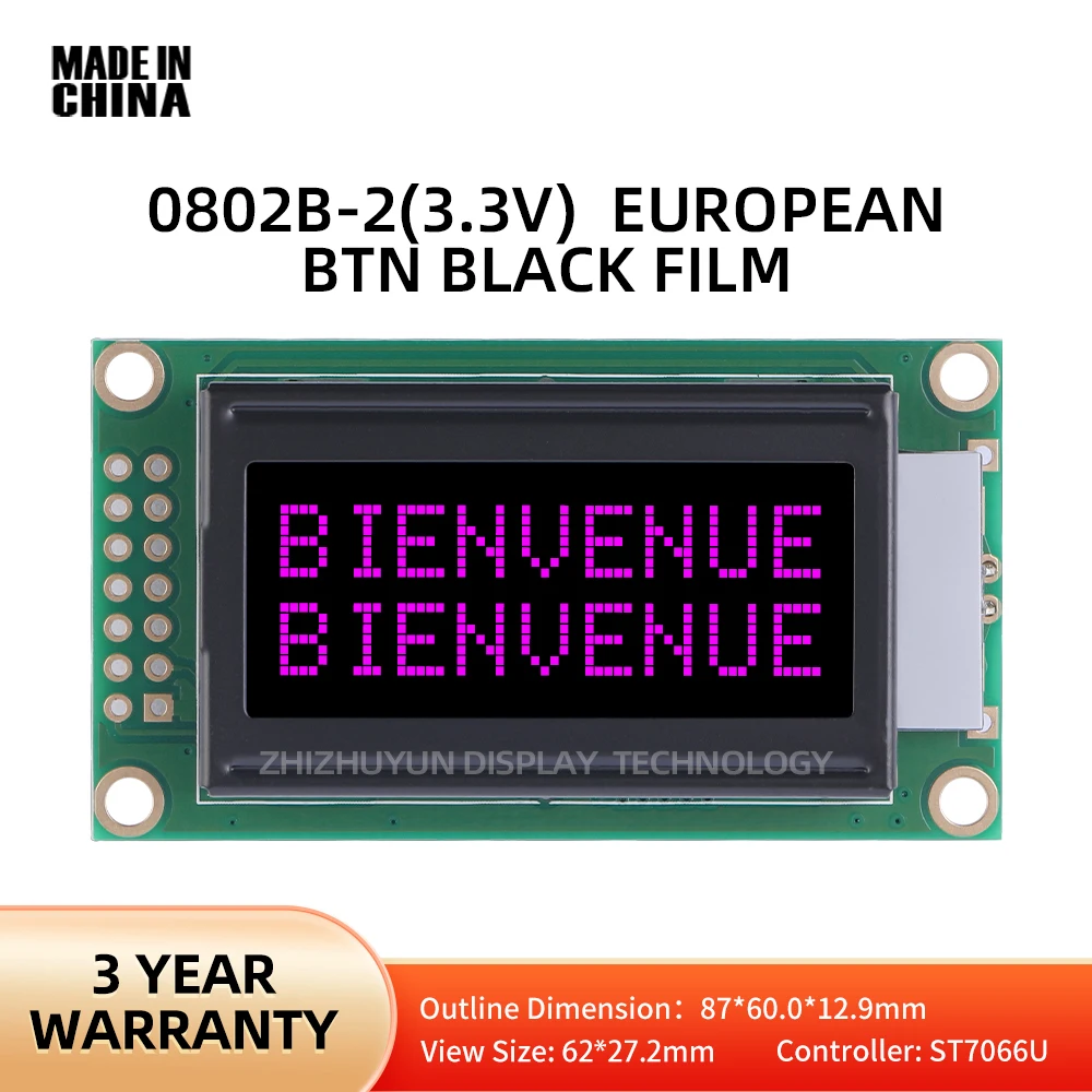 Módulo LCD de caracteres europeos, pantalla LCD de 14 pines, película negra, personaje púrpura, multilenguaje, BTN, 0802B-2, 3,3 V