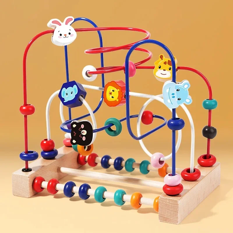 Kids Wooden Bead Maze Toy, Color Shape Counting Animal Fruit Educational Learning Game for Toddlers Early Development