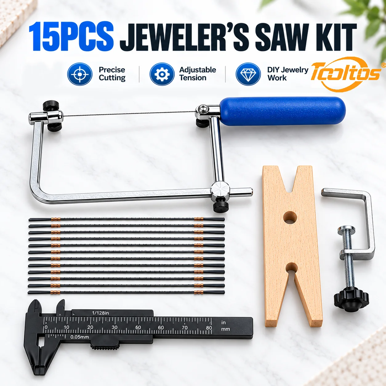 TOOLTOS 15PCS Adjustable Jeweler Saw Kit 12PCS #4 Blades Bench Pin Clamp 80mm Caliper for Jewelry Metal Cutting