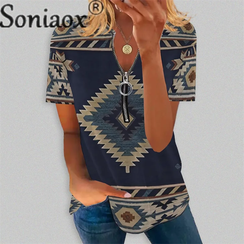 Vintage Print Zipper V Neck T-Shirt Summer Women's Ethnic Style Short Sleeve Tops Female Comfortable Casual Commuter Cotton Tees