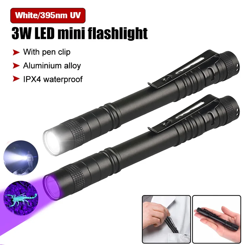 Mini LED Flashlight UV Penlight White/UV Light Handheld Pen Light 1 Switch Mode Clip Pocket Lamp Power by AAA Battery