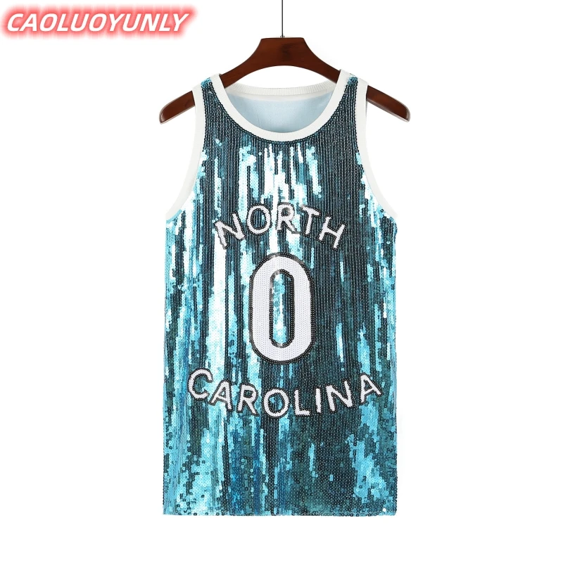 Summer High Quality Streetwear Sequins Letter Striped Sleeveless Vest  T-Shirt Hip Hop Round Neck Straight Loose Women's Wears