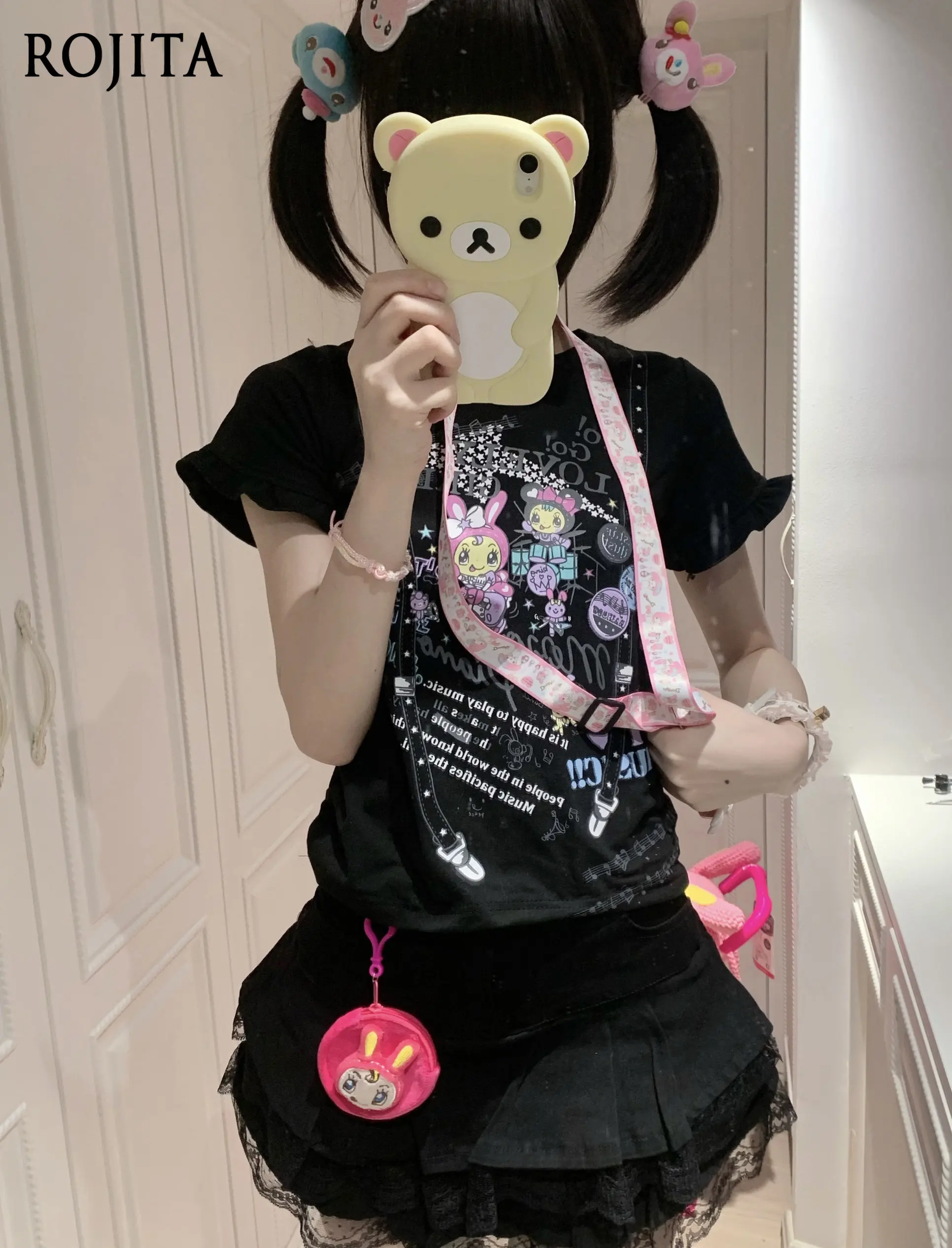 

Японская милая футболка с коротким рукавом и мультяшным принтом для женщин, черная, летняя новинка 2026 года, топ в стиле кавай для девочек, одежда для девочек