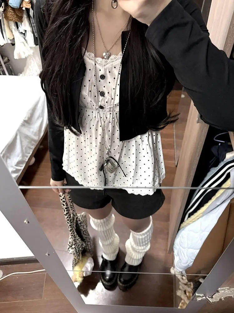 Korean Fashion 2 Piece Set Design Long Sleeved Short Cardigan Slim Camisole Polka Dot Vest Tops Casuasl Suit Chic