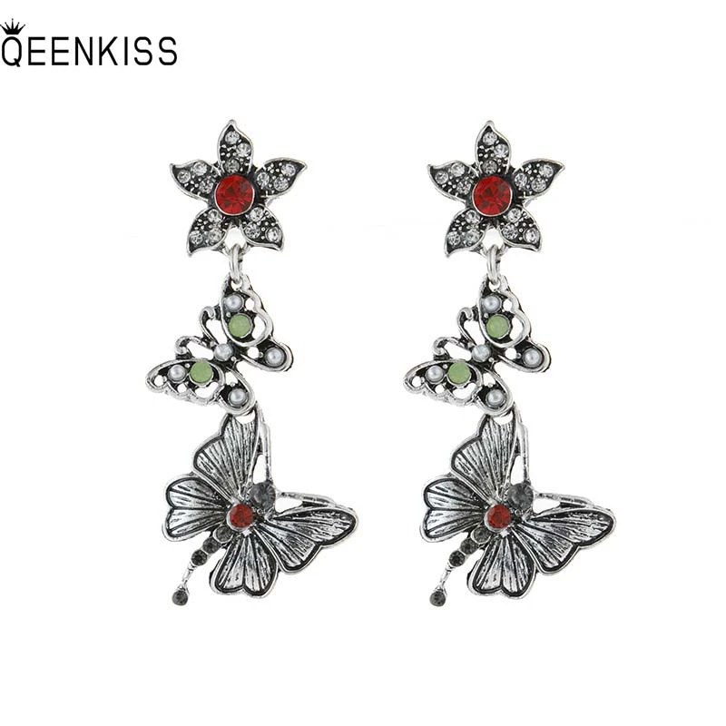 

QEENKISS EG6350 Jewelry Wholesale Fashion Woman Girl Birthday Wedding Retro Butterfly AAA Zircon Antique Copper Drop Earrings