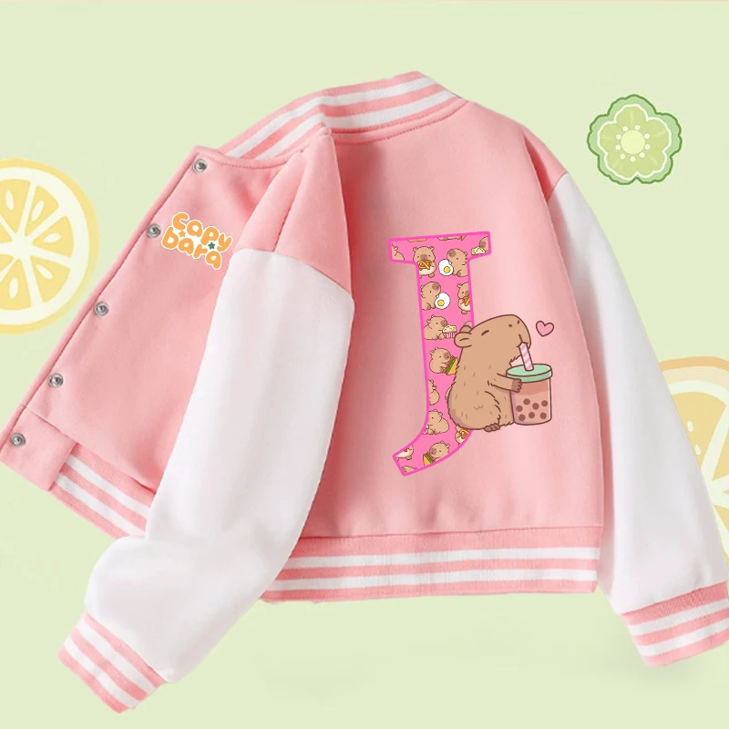 Capibara Girls Baseball Uniform Capybara Anime Letter A-Z Coat Children Spring Autumn Long Sleeves New Tops Kids Clothes Gift