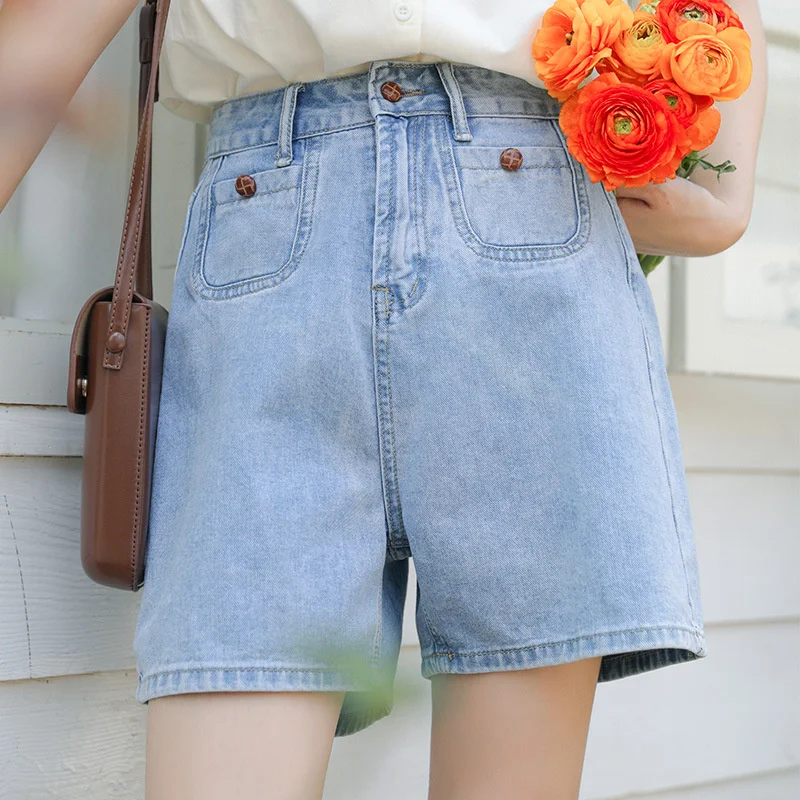 

Women Summer High Waist Denim Shorts 2023 Button Straight Pants Female Vintage Clothing Korean Fashion Blue Shorts Jeans Woman