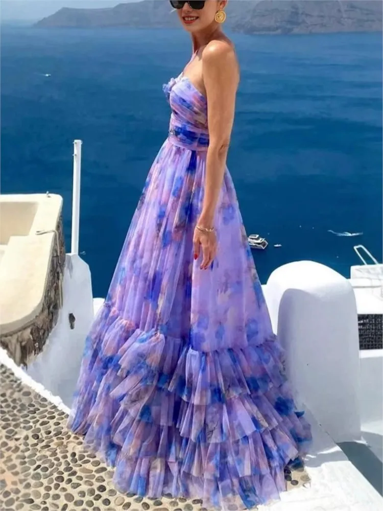 Layered Mesh Printed Dresses Women's Evening Party Dress Halter Neck Off Shoulder High Waist Holiday Banquet Long Vestidos New