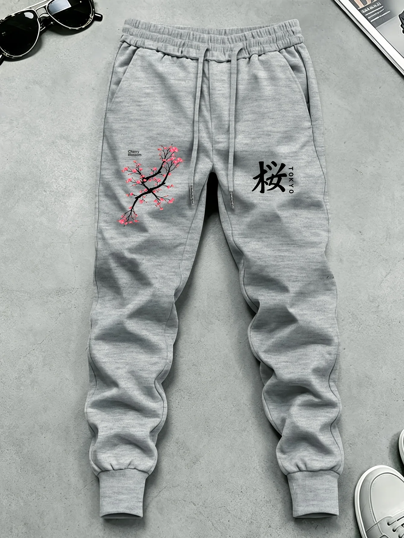 Japanese‑chic tokyo sakura branch cherry blossom graphic stylish tapered sweatpants men hip hop sports jogger trousers