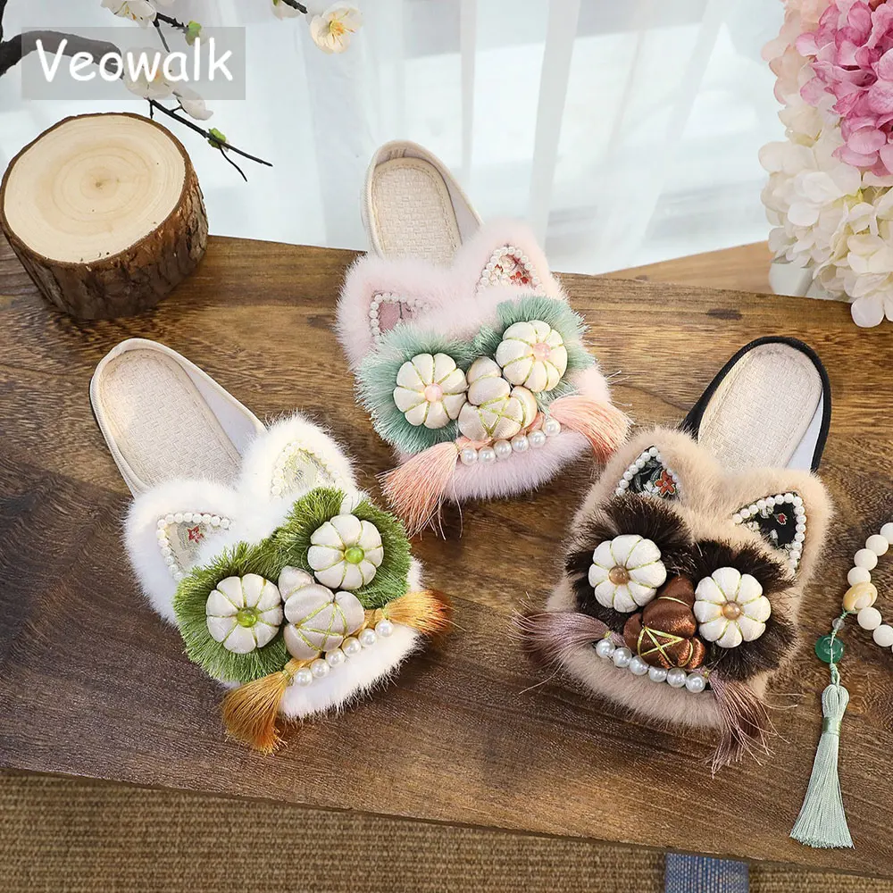 

Veowalk/женские атласные хлопчатобумажные тапочки на плоской подошве с вышивкой и круглым носком, женская удобная обувь в стиле ретро с вышивкой